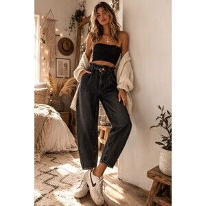 ZARA Black Wash Barrel Leg Jeans Paperbag Elastic High Rise Baggy Cropped Size 2